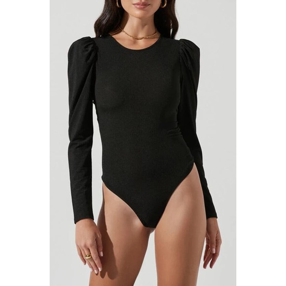 ASTR The Label Medium Rib Multi Back Cutout Bodysuit In Black Long Puff Sleeve - Picture 1 of 16